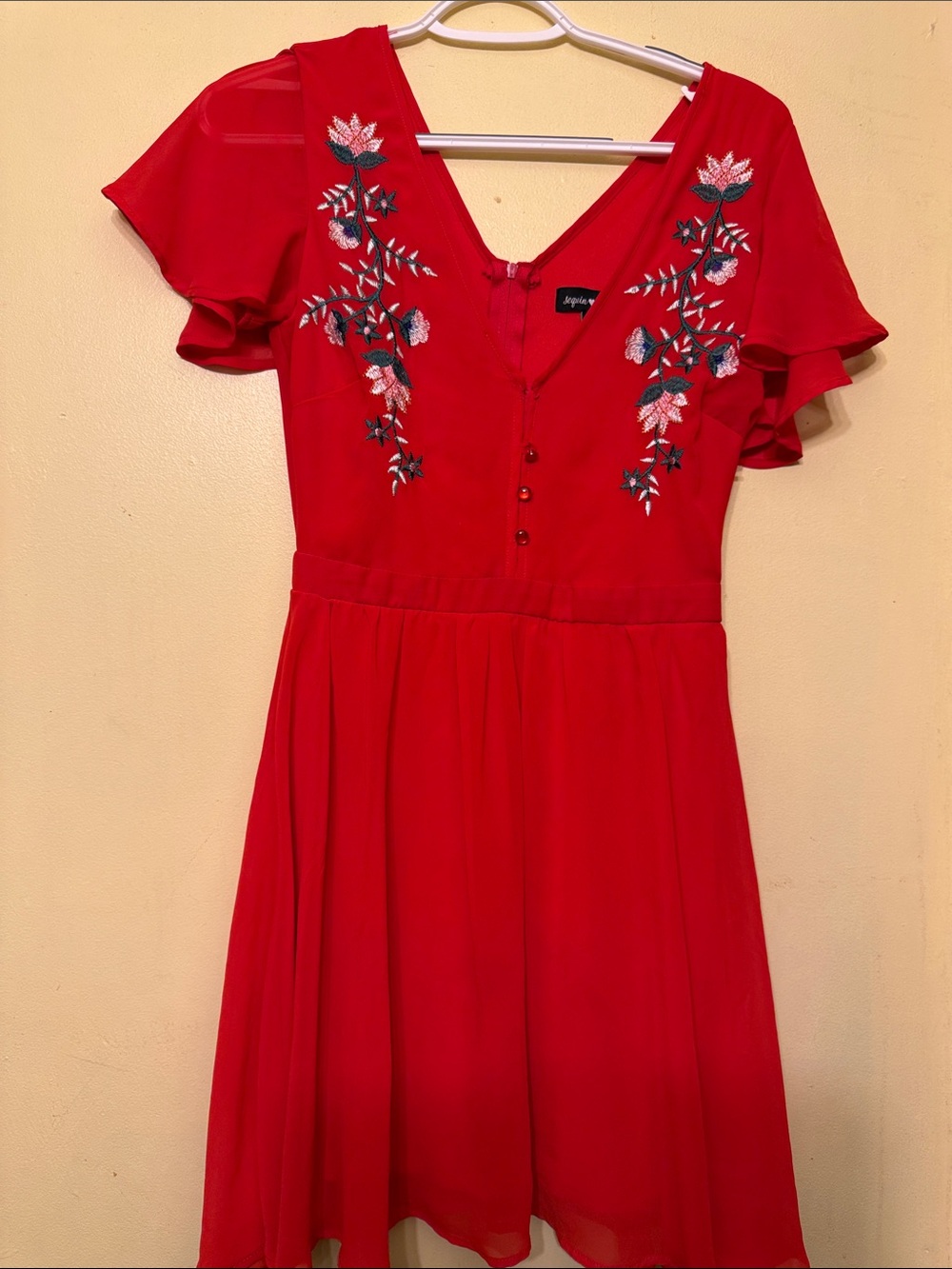 Sequin Hearts Red Floral Embroidered V-Neck Dress